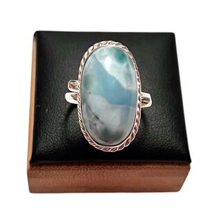 Elegant Sterling Silver Oval Larimar Adjustable Ring